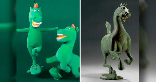 The Gansu Provincial Museum’s stuffed flying horse toy (left) based on the famous 2000-year-old bronze Flying Horse of Gansu (right) becomes museum’s most popular souvenir. Source: Weibo