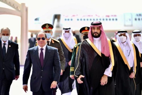 Egypt's President Abdel Fattah Al-Sisi (L) is welcomed by Crown Prince of Saudi Arabia Mohammed bin Salman (R) at King Khalid International Airport in Riyadh, Saudi Arabia on March 08, 2022 [Egyptian Presidency/Anadolu Agency]