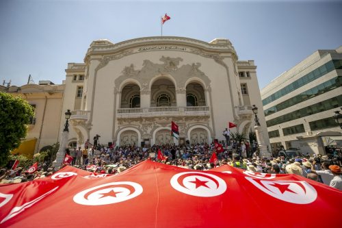 TUNIS, TUNISIA - JUNE 19: Supporters of Free Constitutional Party gather to stage a protest against the constitutional referendum, which will be held on July 25, in Tunis, Tunisia on June 19, 2022. ( Yassine Gaidi - Anadolu Agency )