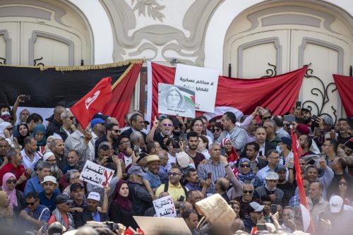 TUNIS, TUNISIA - MAY 15: A group of people gather outside Municipal Theater to protest Tunisian President Kais Saied in Tunis, Tunisia on May 15, 2022. ( Nacer Talel - Anadolu Agency )