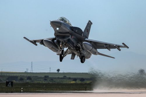 Turkish Air Force F-16 fighter aircraft is seen during test flight in Balikesir, Turkiye on May 22, 2022 [Ali Atmaca/Anadolu Agency]