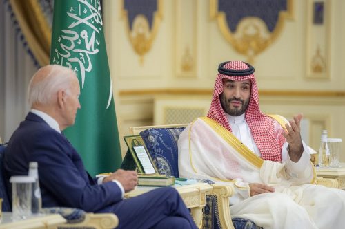 JEDDAH, SAUDI ARABIA - JULY 15: (----EDITORIAL USE ONLY – MANDATORY CREDIT - "ROYAL COURT OF SAUDI ARABIA / HANDOUT" - NO MARKETING NO ADVERTISING CAMPAIGNS - DISTRIBUTED AS A SERVICE TO CLIENTS----) US President Joe Biden (L) meets Saudi Arabian Crown Prince Mohammed bin Salman (R) at Alsalam Royal Palace in Jeddah, Saudi Arabia on July 15, 2022. ( Royal Court of Saudi Arabia - Anadolu Agency )