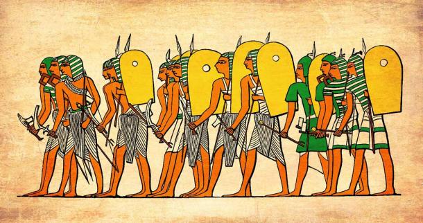 Representation of ancient Egyptian military unit going to battle. Source: Acrogame / Adobe Stock