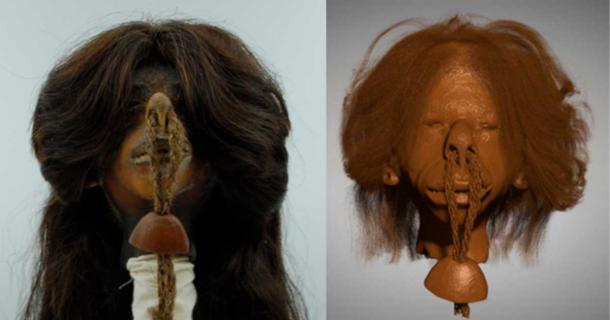 Left; Ecuadorian tsantsa or shrunken head on display at the Chatham-Kent Museum in Chatham, Right; Micro-CT scan of the same. Source: Left; PLoS ONE, Right; Andrew Nelson/Western University