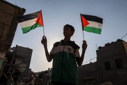 A child holds Palestinian flags during an event in Rafah, Gaza on August 09, 2022. [Abed Rahim Khatib - Anadolu Agency]