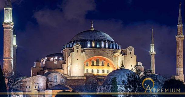 Night Time over Hagia Sophia or Hagia Sophia Church of the Holy Wisdom in Istanbul, Turkey (Savvapanf Photo / Adobe Stock)
