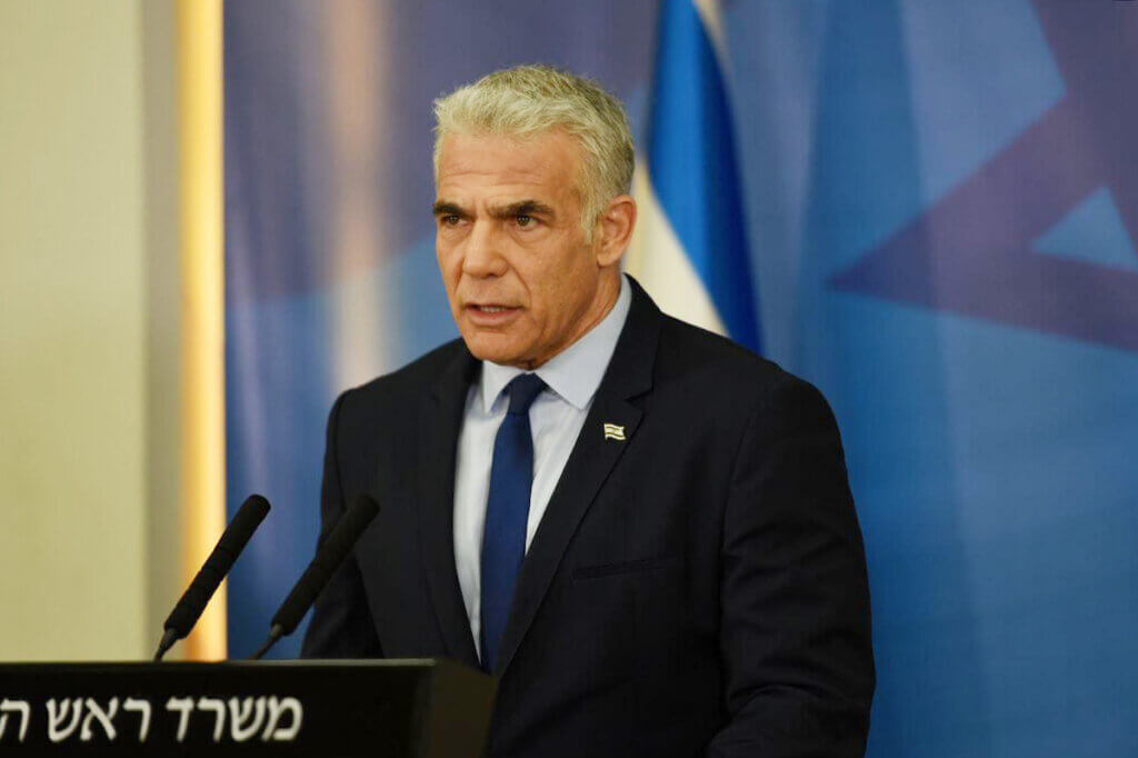 Israeli Prime Minister Yair Lapid making a public statement regarding the Israeli attack on Gaza, on August 5, 2022. (Photo by GPO via APA Images)