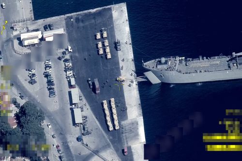 A photo shows a view of the Greek deployment of armored vehicles on the Aegean islands with non-military status in violation of the international law, recorded by the Turkish Armed Forces drones at Aegean Sea, Unspecified on September 18, 2022. [Turkish National Defense Ministry - Anadolu Agency]