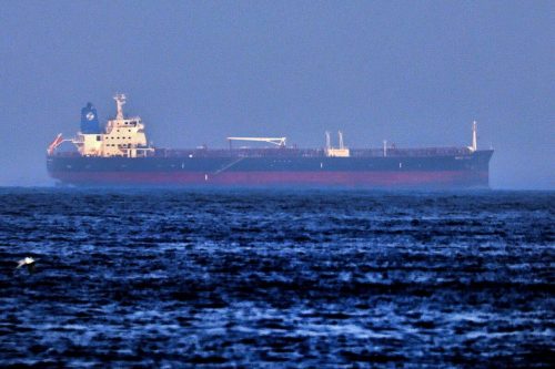 A picture taken on August 3, 2021 shows the Israeli-linked Japanese-owned tanker MT Mercer Street, off the port of the Gulf Emirate of Fujairah in the United Arab Emirates. - On July 29, two crew members of the tanker MT Mercer Street, managed by a prominent Israeli businessman's company, were killed in what appears to be a drone attack off Oman, the vessel's London-based operator and the US military say, with Israel blaming Iran. (Photo by Karim SAHIB / AFP) (Photo by KARIM SAHIB/AFP via Getty Images)
