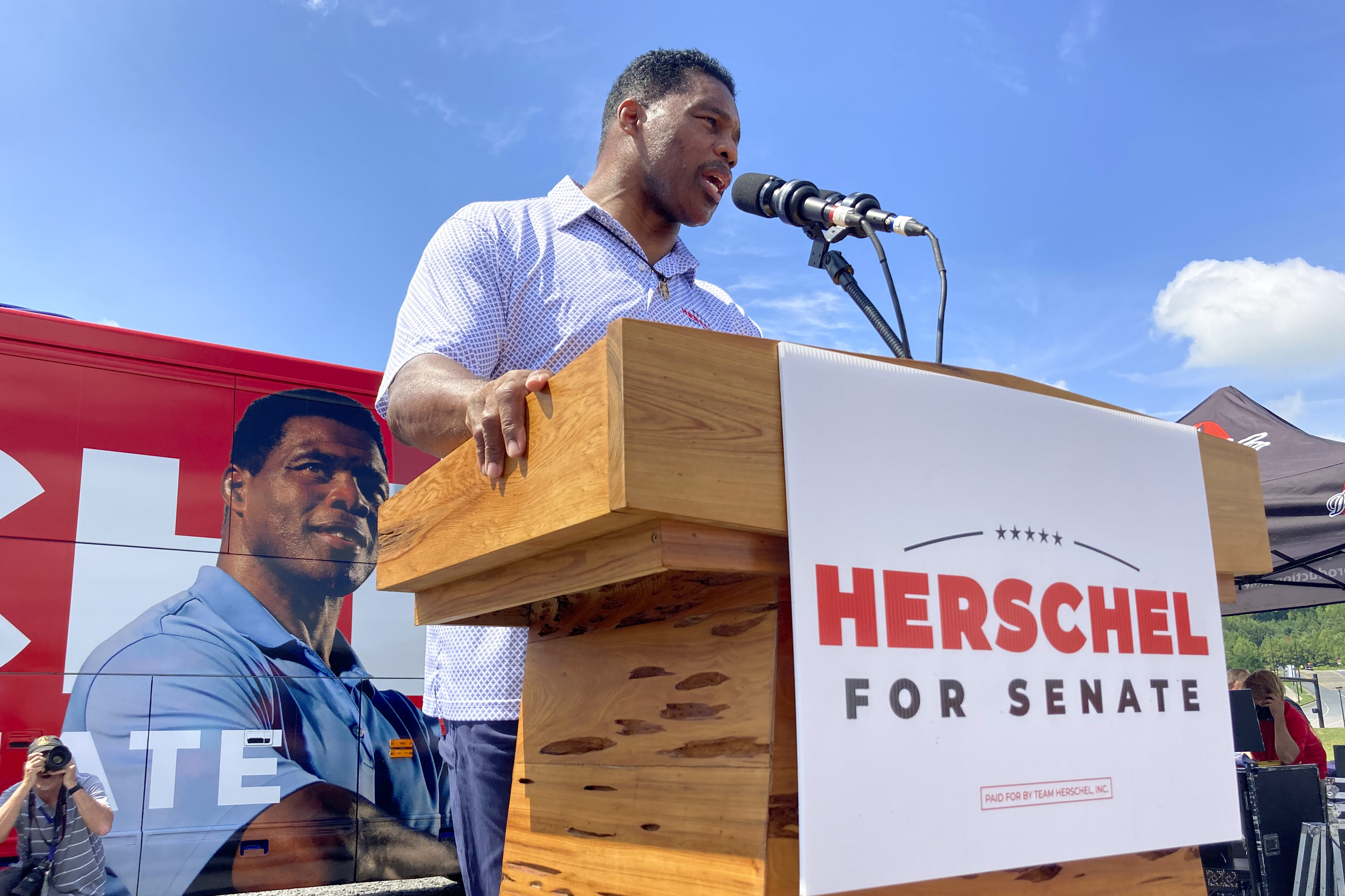 Herschel Walker speaks during a campaign event on in Emerson, Ga.