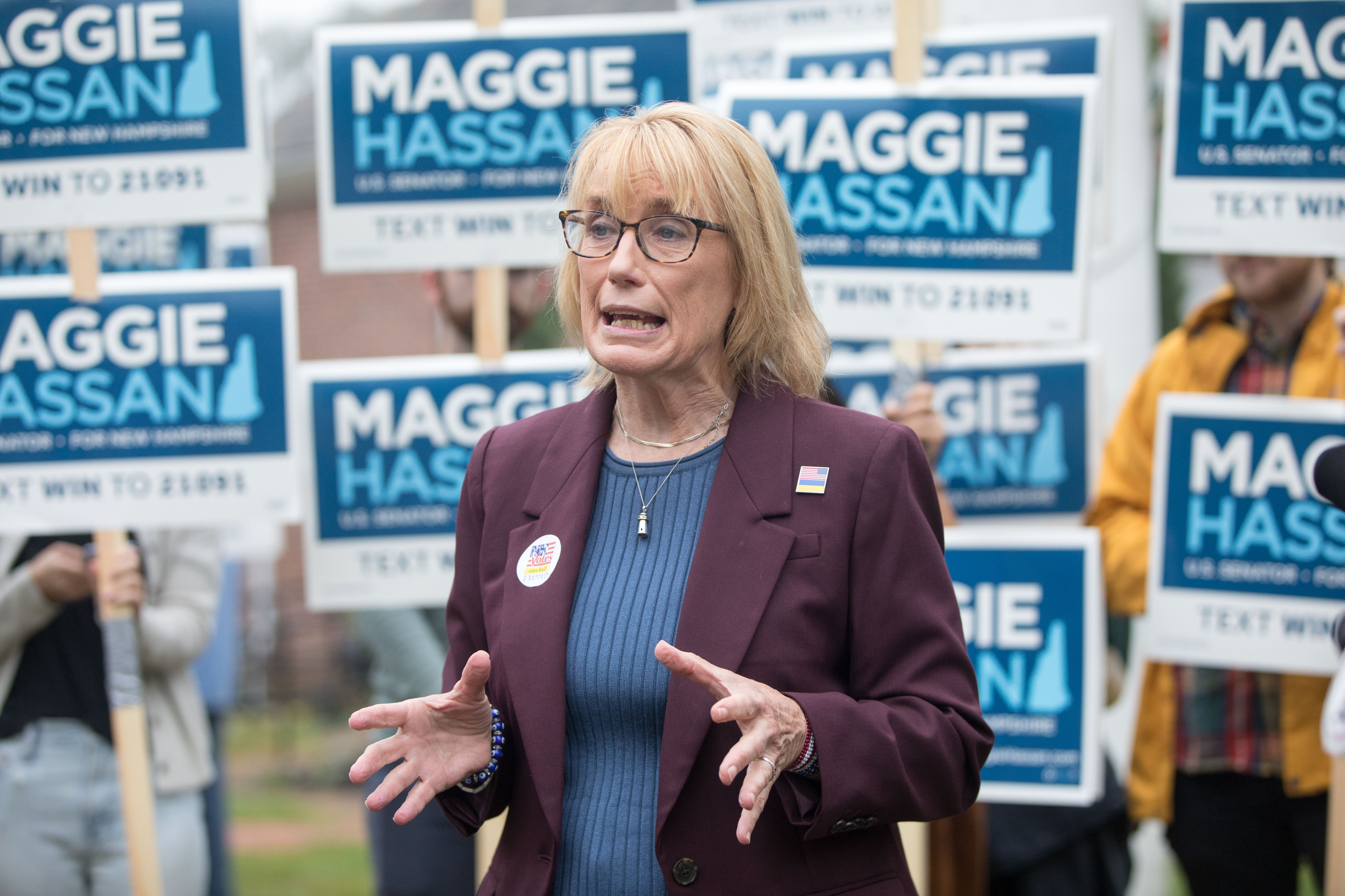 Sen. Maggie Hassan speaks to media after casting her vote in the New Hampshire Primary at Newfields Town Hall on Sept. 13, 2022, in Newfields, N.H. 