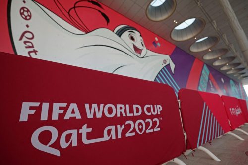 A picture shows a view of the main ticket centre for Qatar's FIFA football World Cup, with a mural of its mascot "La'eeb", in the capital Doha on October 16, 2022 [Giuseppe CACACE / AFP]
