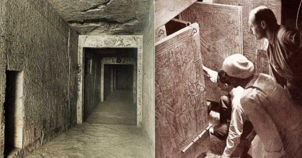 Left: The corridor leading to the Antechamber of Tutankhamun’s tomb. Right: The moment Tutankhamun’s shrine was opened revealing his sarcophagus. (Public Domain).