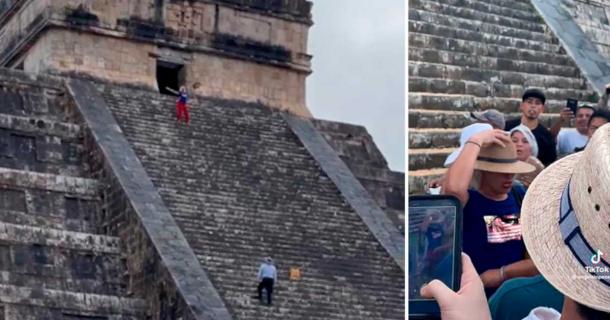 Mexican woman Abigail Villalobos trespassing on the sacred Kukulcán pyramid at Chichen Itza, Mexico. Source: Twitter