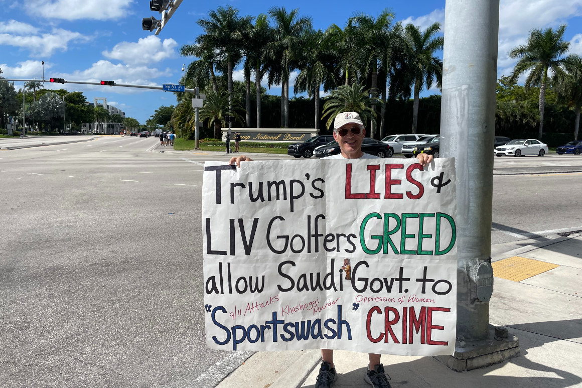 Pat McCabe protests the LIV Golf tournament just outside Trump National Doral.