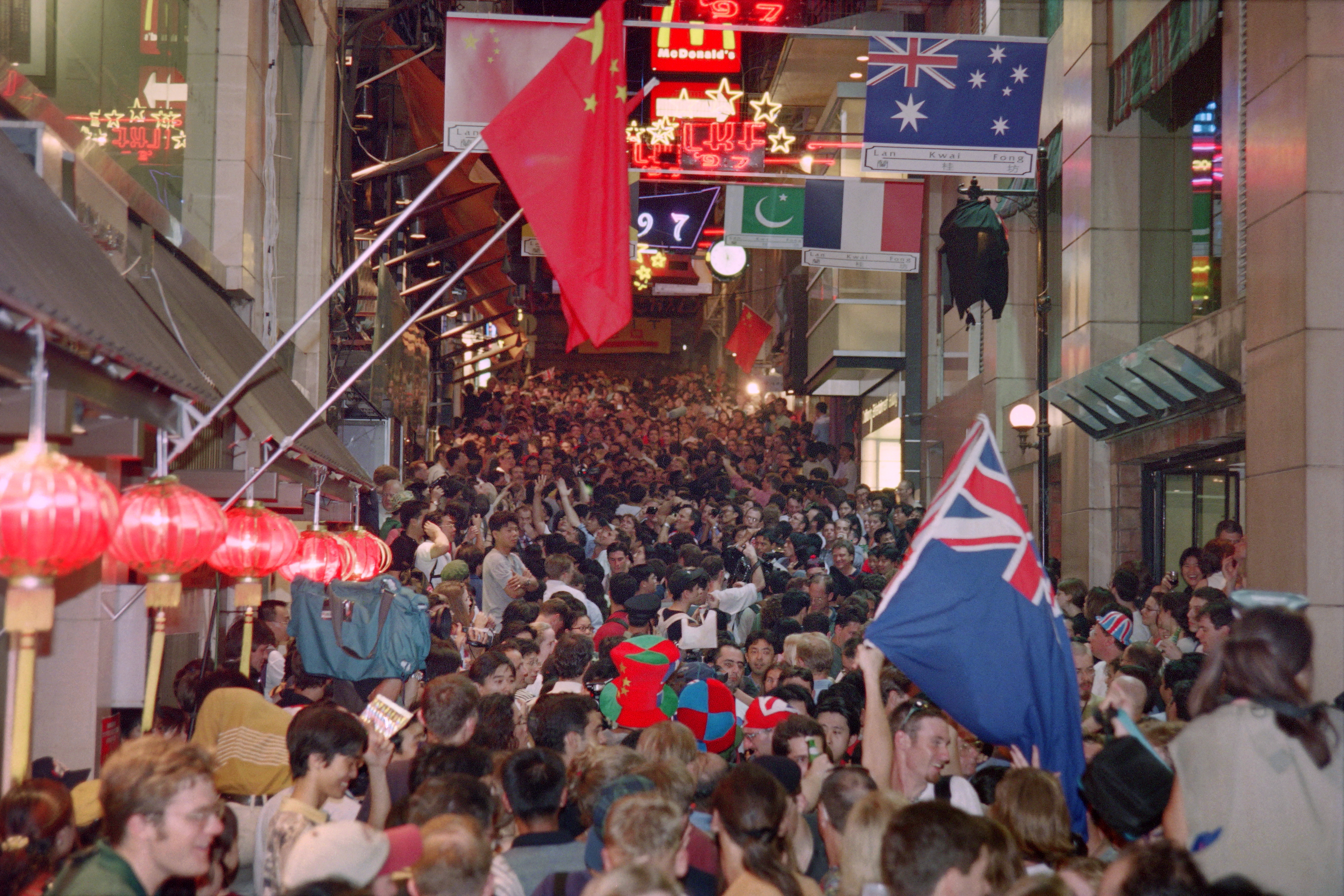 Hong Kong’s Lan Kwai Fong nightlife district in 1997. In 1992, a crowd disaster killed 21 people and prompted a review of crowd control methods in the former British colony. Photo: Peter PARKS / AFP