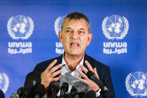 GAZA CITY, GAZA - NOVEMBER 26: Commissioner General of the United Nations Palestine Refugee Agency (UNRWA) Philippe Lazzarini makes a speech as he holds a press conference following his visit in Gaza City, Gaza on November 26, 2020. ( Ali Jadallah - Anadolu Agency )