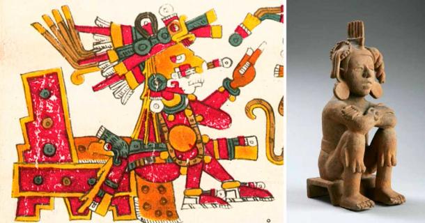Left; Aztec god Xochipilli as described in the 16th century Codex Borgia, Right; Xochipilli, Aztec terracotta Lombards Museum. Source: Left; Public Domain Right; CC BY 3.0