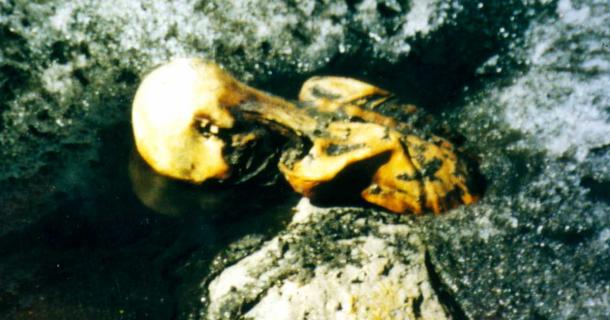 The upper body of Ötzi, protruding from the ice in the Tisenjoch pass on September 19, 1991. Photo: Helmut Simon. Used with kind permission from Erika Simon. Source: Erika Simon/SAGE Journals