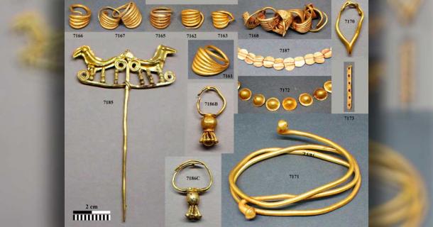 Hair rings (top left), a pin (bottom left), necklaces (middle) and a choker (bottom right) were among a total of 26 gold objects from Poliochni on Lemnos examined by the international research team. Source: Christoph Schwall / ÖAI Wien