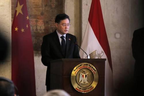 Chinese Foreign Minister Qin Gang gives a speech in Cairo, Egypt on 15 January 2023. [Photo by Fadel Dawod/Getty Images]