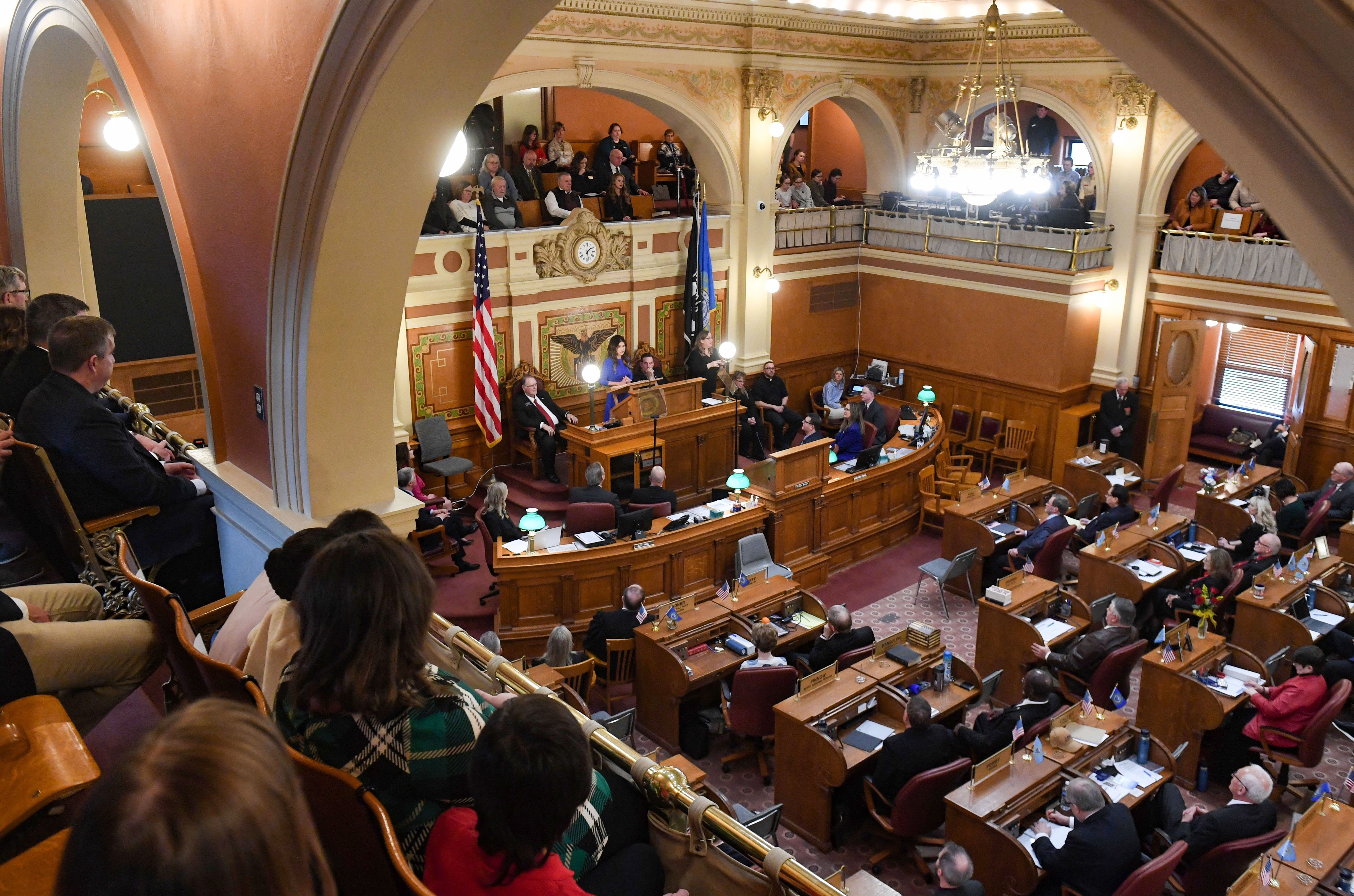South Dakota Gov. Kristi Noem delivers her the State of the State address on Jan. 10, 2023, at the South Dakota State Capitol in Pierre, S.D.