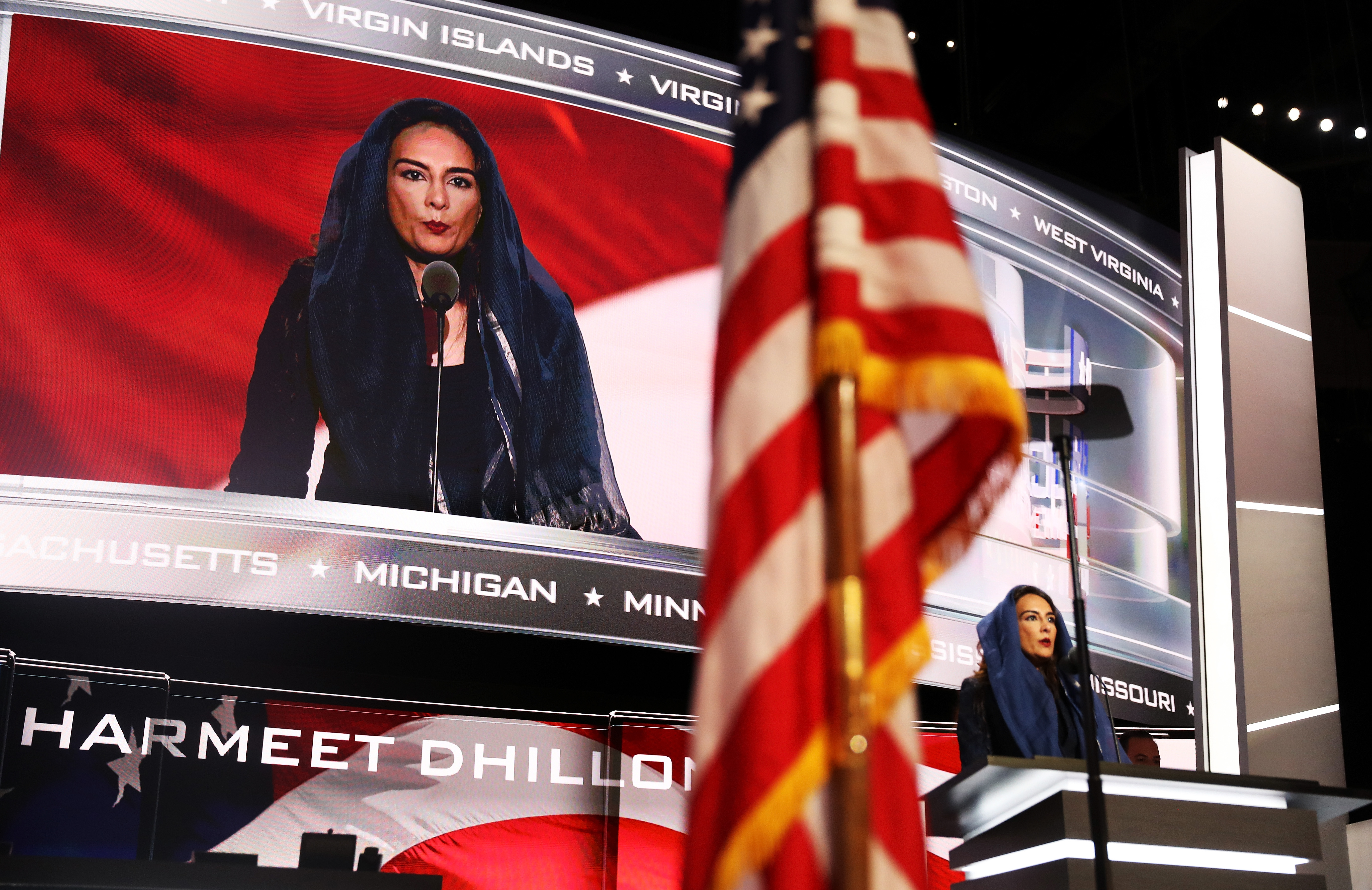 Harmeet Dhillon prays during the opening of the second day of the Republican National Convention on July 19, 2016, at the Quicken Loans Arena in Cleveland, Ohio.