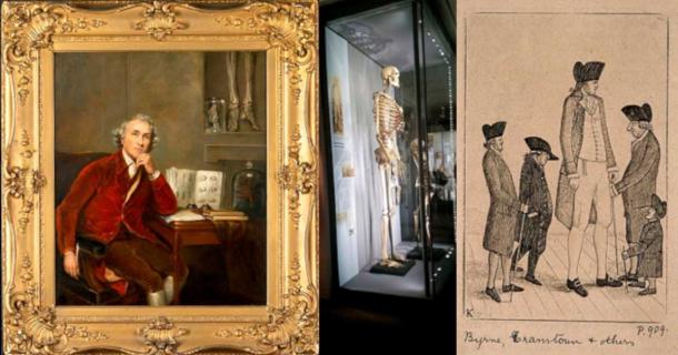 Left: Oil painting of John Hunter; Center: Charles Byrne’s skeleton at the Hunterian Museum, London; Right; Charles Byrne in and etching by J. Kay	Source: Left: CC BY 4.0; Center: Emőke Dénes/ CC BY-SA 4.0; Right: CC BY 4.0