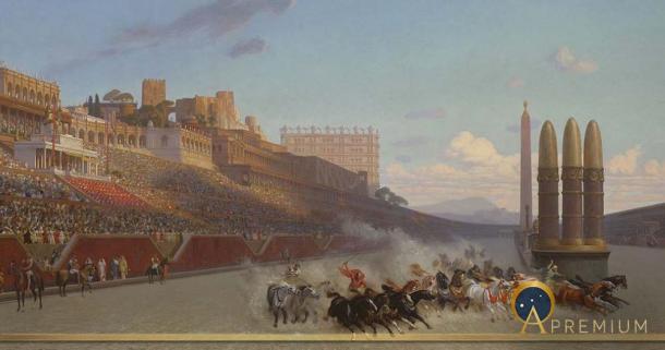 Chariot race in Rome's Circus Maximus, as if seen from the starting gate. The Palatine Hill and Imperial palace are to the left, by Jean Léon Gérôme (1876) (Public Domain)