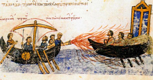 A Byzantine ship using Greek fire against an enemy ship. Source: Public Domain