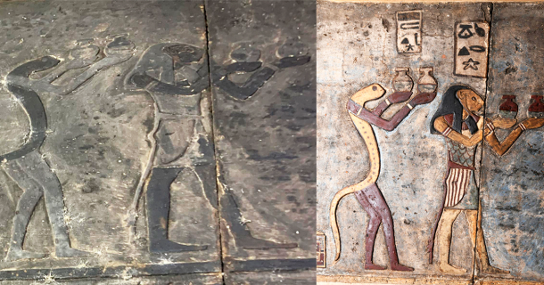 Representation of decans, zodiac signs used to measure the twelve hours of the night, on the ceiling of the Temple of Esna. On the left pre-restoration and on the right post-restoration. Source: Ahmed Emam / Ministry of Tourism and Antiquities