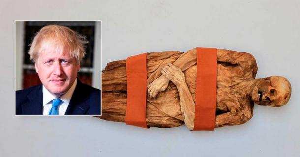 The mummy of Anna Catharina Bischoff (CC). Inset: Boris Johnson (Open Government License)