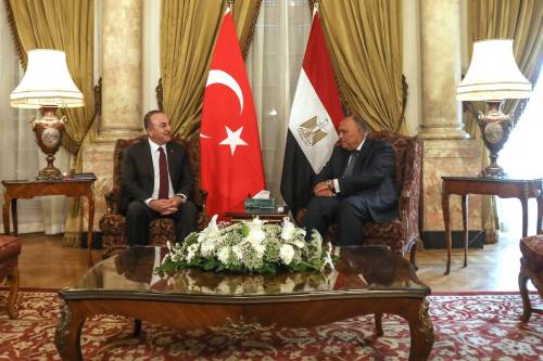 Turkish Foreign Minister Mevlut Cavusoglu (L) meets with his Egyptian counterpart Sameh Shoukry (R) in Cairo, Egypt on March 18, 2023. [Mohamed El-Shahed - Anadolu Agency]