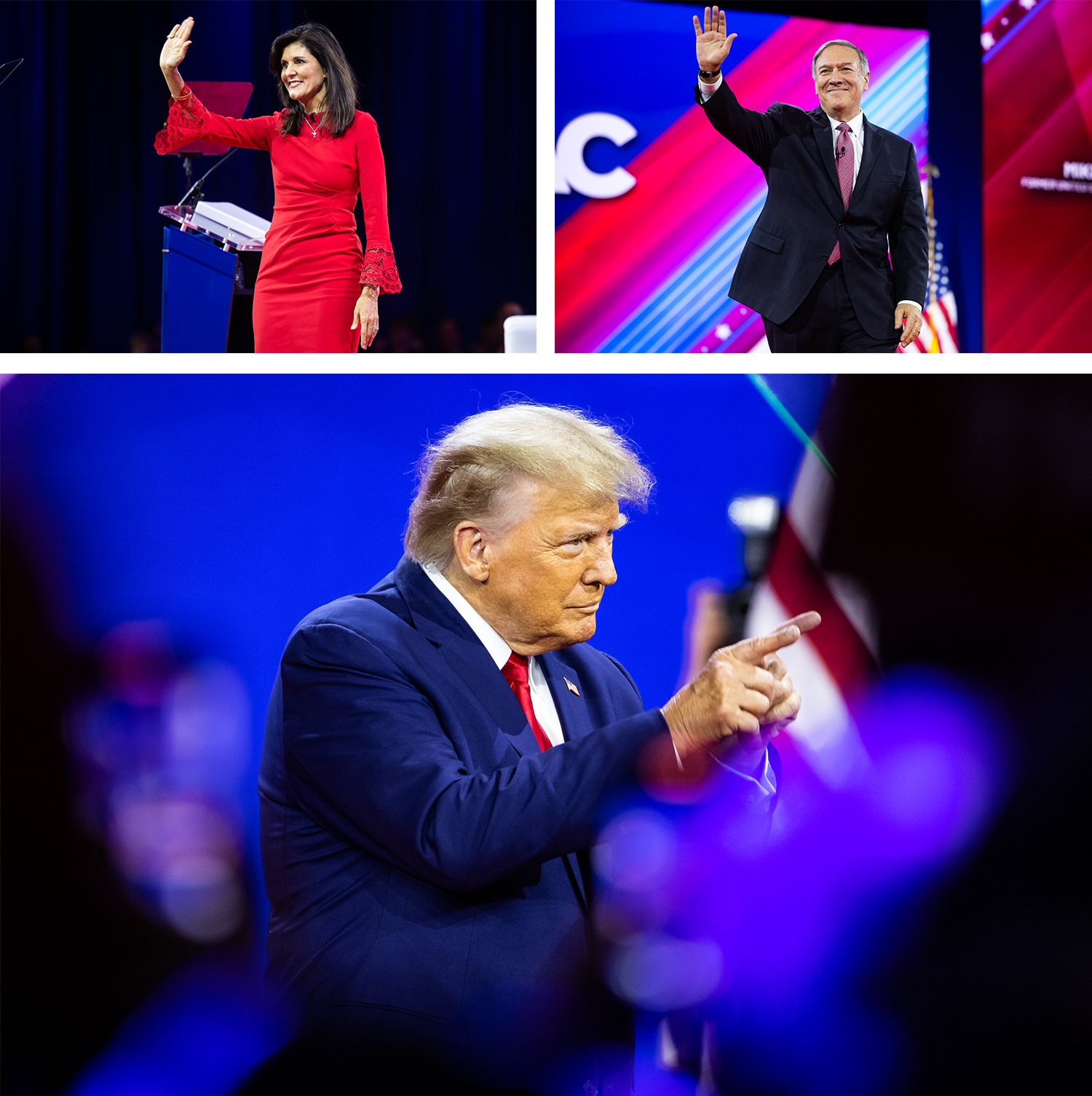 Former U.N. Ambassador Nikki Haley (left) has already jumped into the 2024 race, while former Secretary of State Mike Pompeo (right) remains undecided. But Trump (bottom) is still the star of the GOP, if CPAC is any indication.