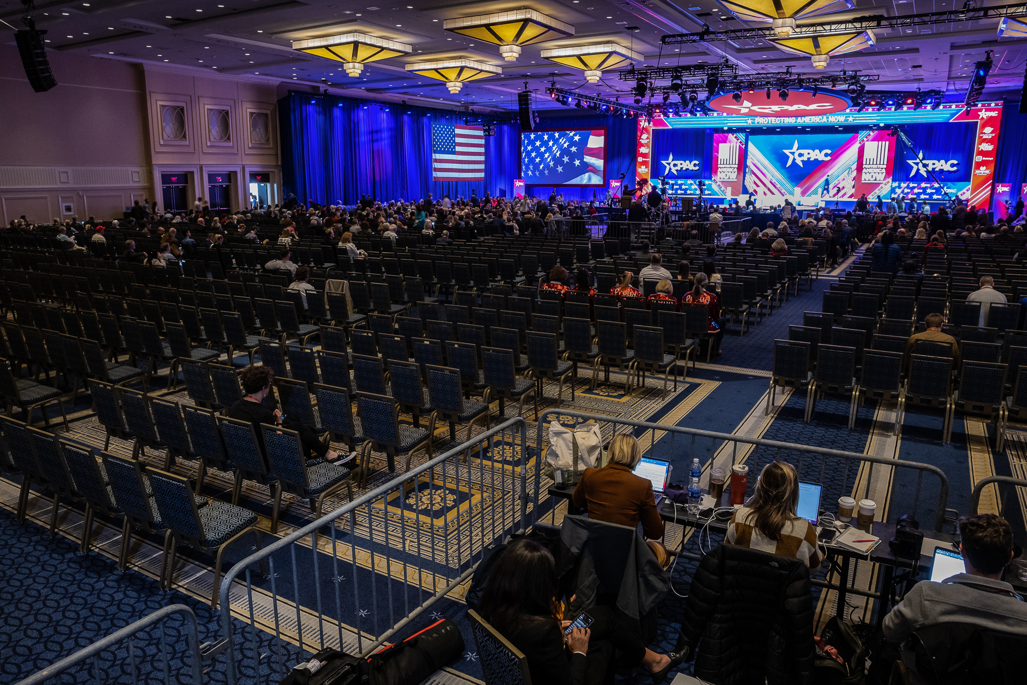 The crowds were noticeably smaller at CPAC 2023, with speakers in the main ballroom often addressing many empty seats.