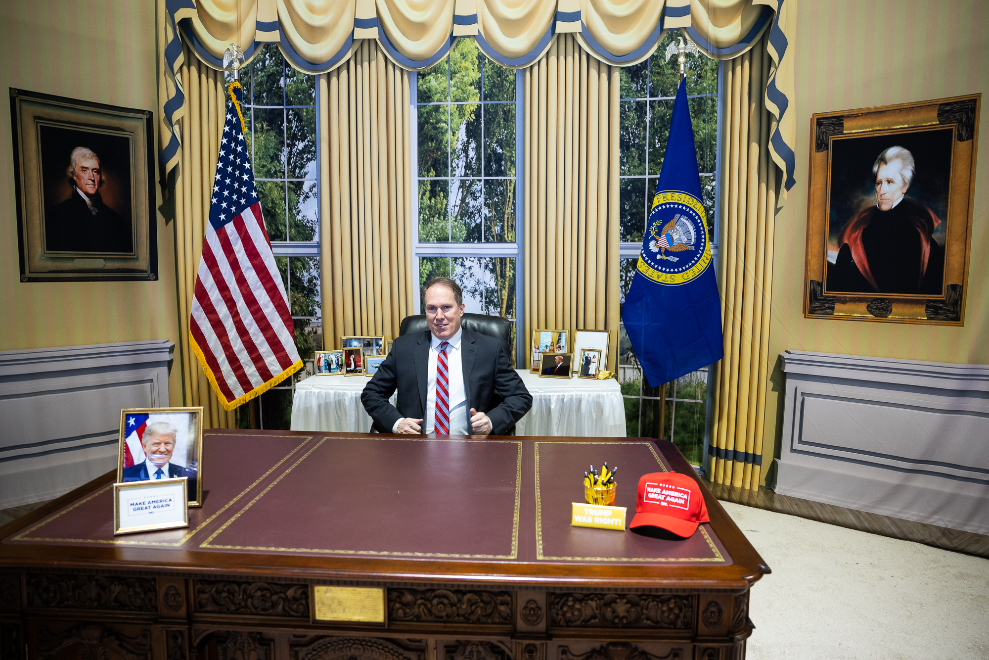 Former White House policy advisor Robert Bowes took a seat in a replica of the Trump Oval Office.
