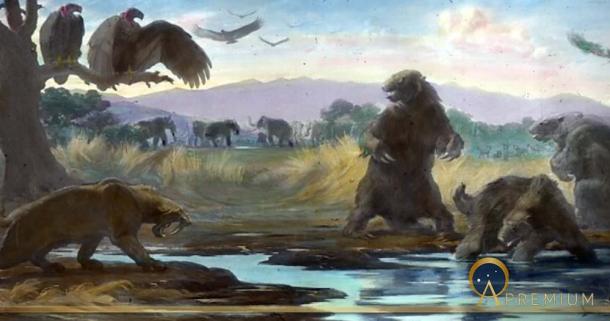 Environment around the La Brea Tar Pits, with Columbian mammoth herd in the background, by Charles Knight (1921) (Public Domain)