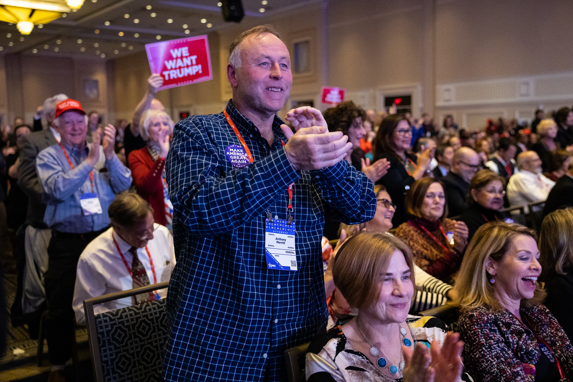 Audience members react during former President Donald Trump's speech at the Conservative Political Action Conference (CPAC) at the Gaylord National Resort and Convention Center in National Harbor, Md. on March 4, 2023.