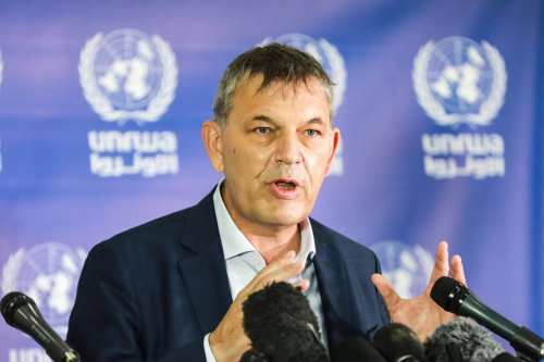 Commissioner General of the United Nations Palestine Refugee Agency (UNRWA) Philippe Lazzarini makes a speech as he holds a press conference following his visit in Gaza City, Gaza on 26 November 2020. [Ali Jadallah - Anadolu Agency]