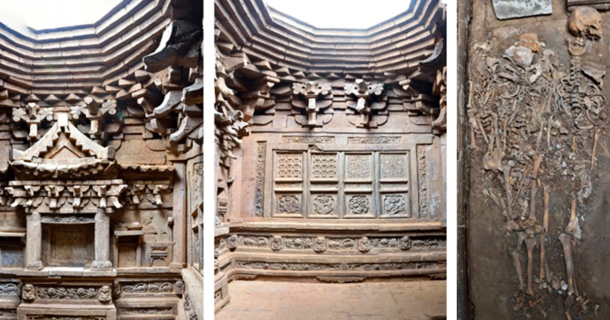 Left image: North wall showing carved male and female tomb occupants sitting opposite each other. Center: the east wall of the tomb. Right: two adult human remains in the tomb. Source: Shanxi Institute of Archaeology