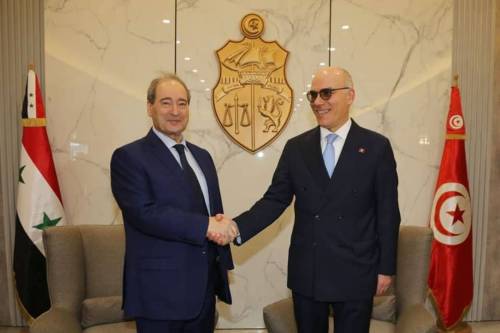 Tunisian Foreign Minister Nabil Ammar (R) meets Syrian Foreign Minister Faisal Mekdad (L) during an official visit in Tunis, Tunisia on April 17, 2023 [Tunisian Foreign Ministry / Anadolu Agency]