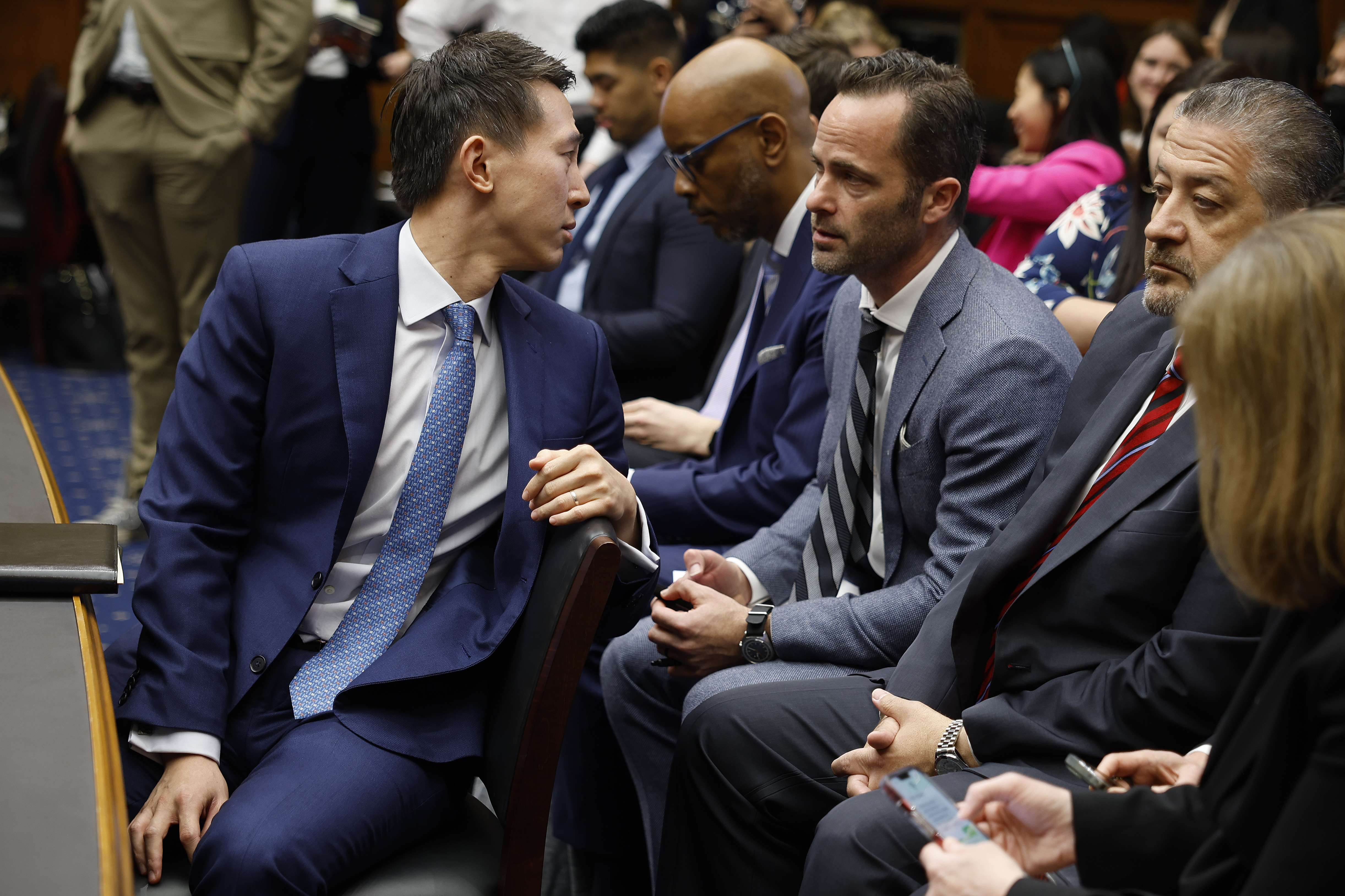TikTok CEO Shou Zi Chew, left, speaks with Michael Beckerman, a former congressional aide who the social media company enlisted to take a leading role in building a Washington influence machine.