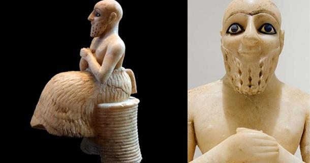 The statue of Ebih-Il in prayer in the Louvre, Paris. Source: Left; Louvre Museum/CC BY-SA 2.0, Right; Public Domain