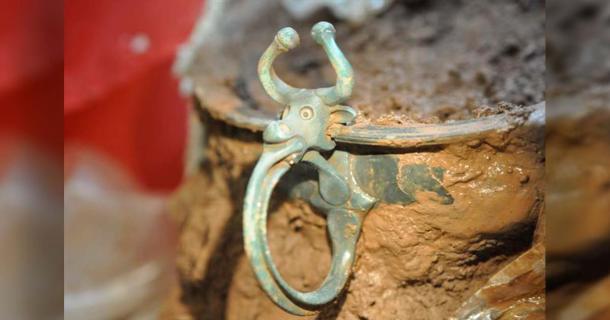 Iron Age copper alloy bowl with an ox head handle was one of the items found in Wales. Source: National Museum Wales