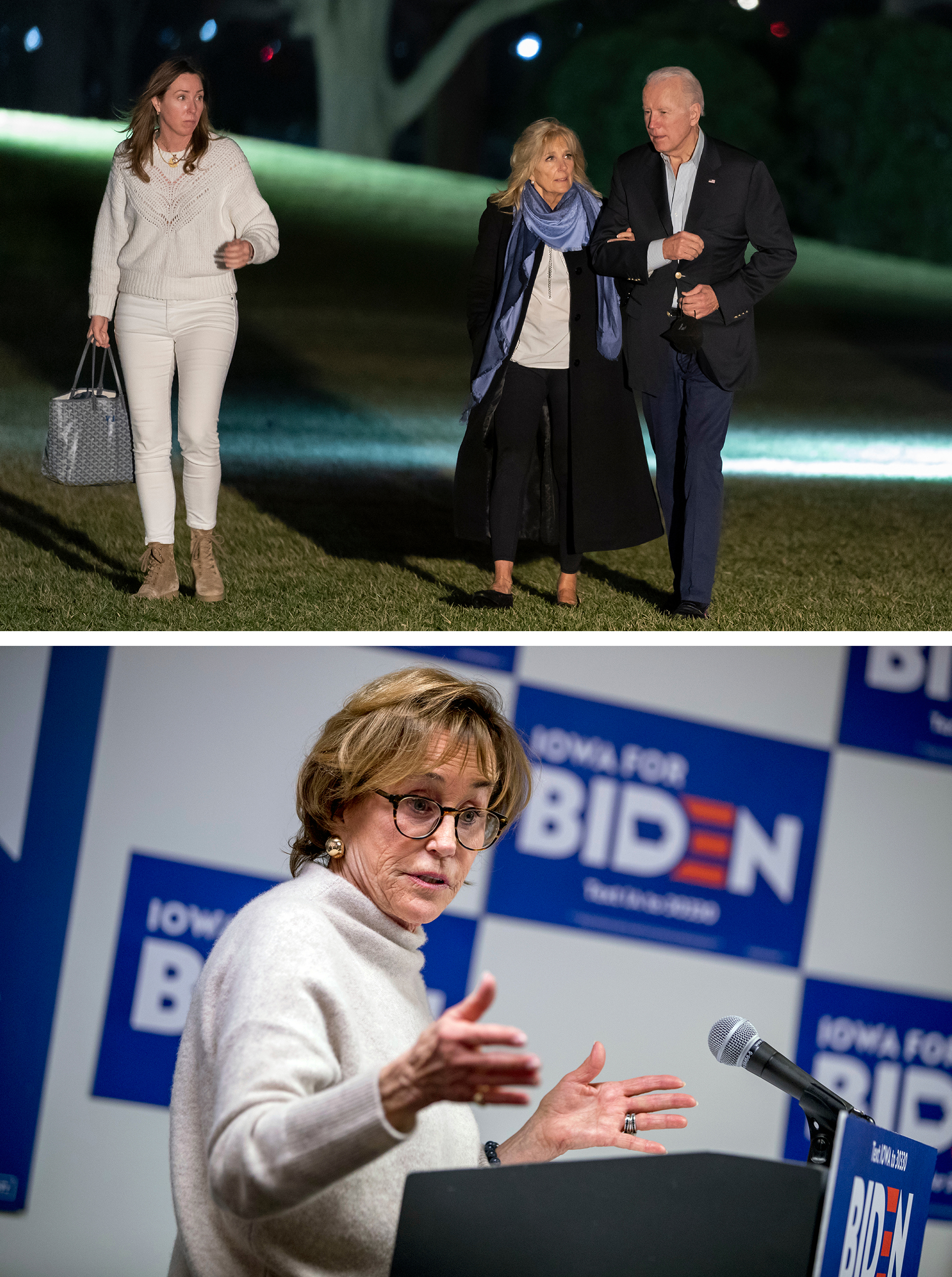 Top: President Joe Biden, first lady Jill Biden and Missy Owens walk along the South Lawn of the White House. Bottom: Valerie Biden Owens speaks at a campaign stop in Des Moines, Iowa. 