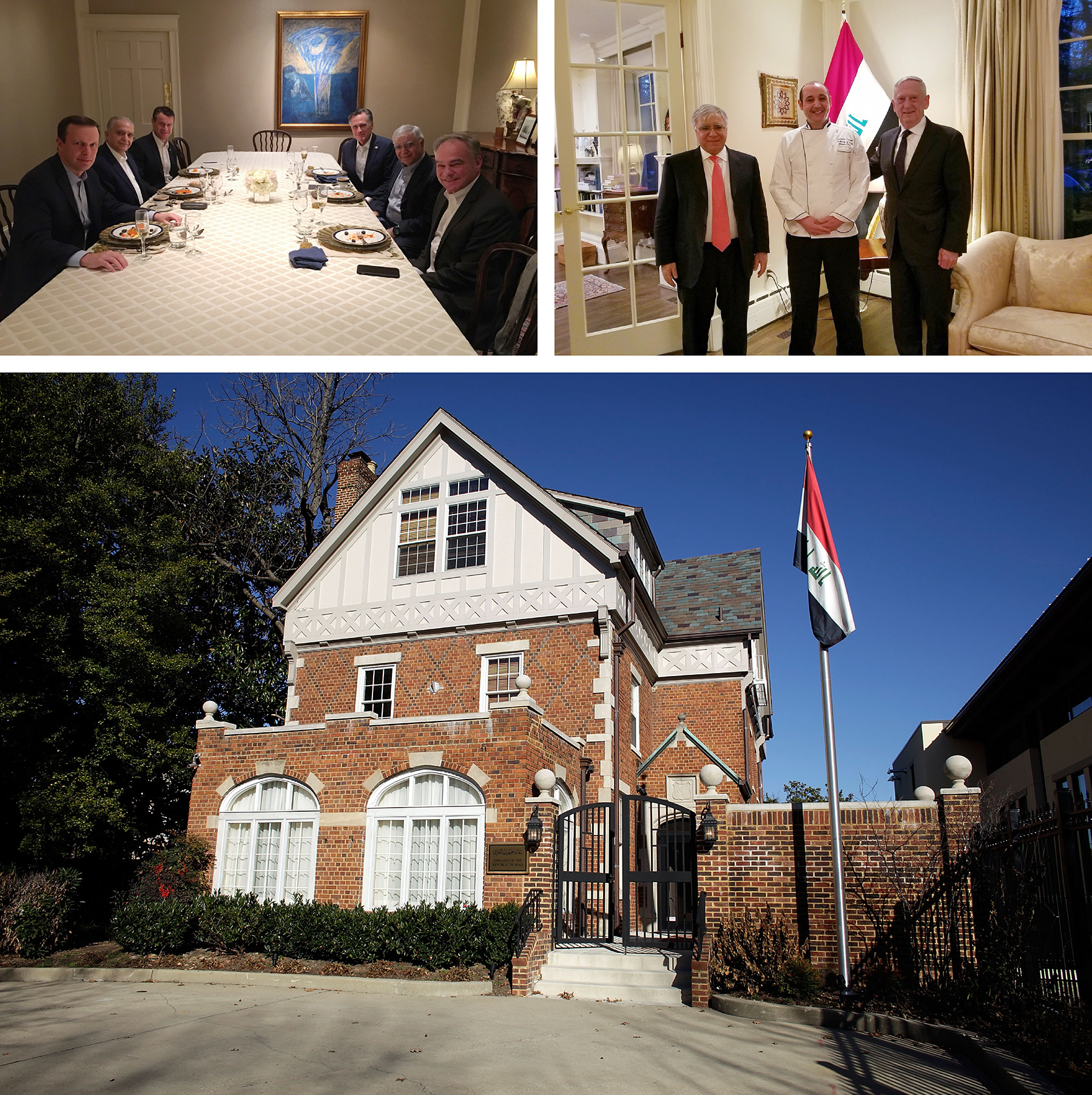 Left: Sens. Chris Murphy, Todd Young, Mitt Romney and Tim Kaine have dinner with Mohamed Ali Alhakim and Fareed Yasseen at the Iraqi Embassy in Washington. Right: Yasseen poses with Jamal Amroune and Jim Mattis. Bottom: The Iraqi Embassy in Washington is pictured. 