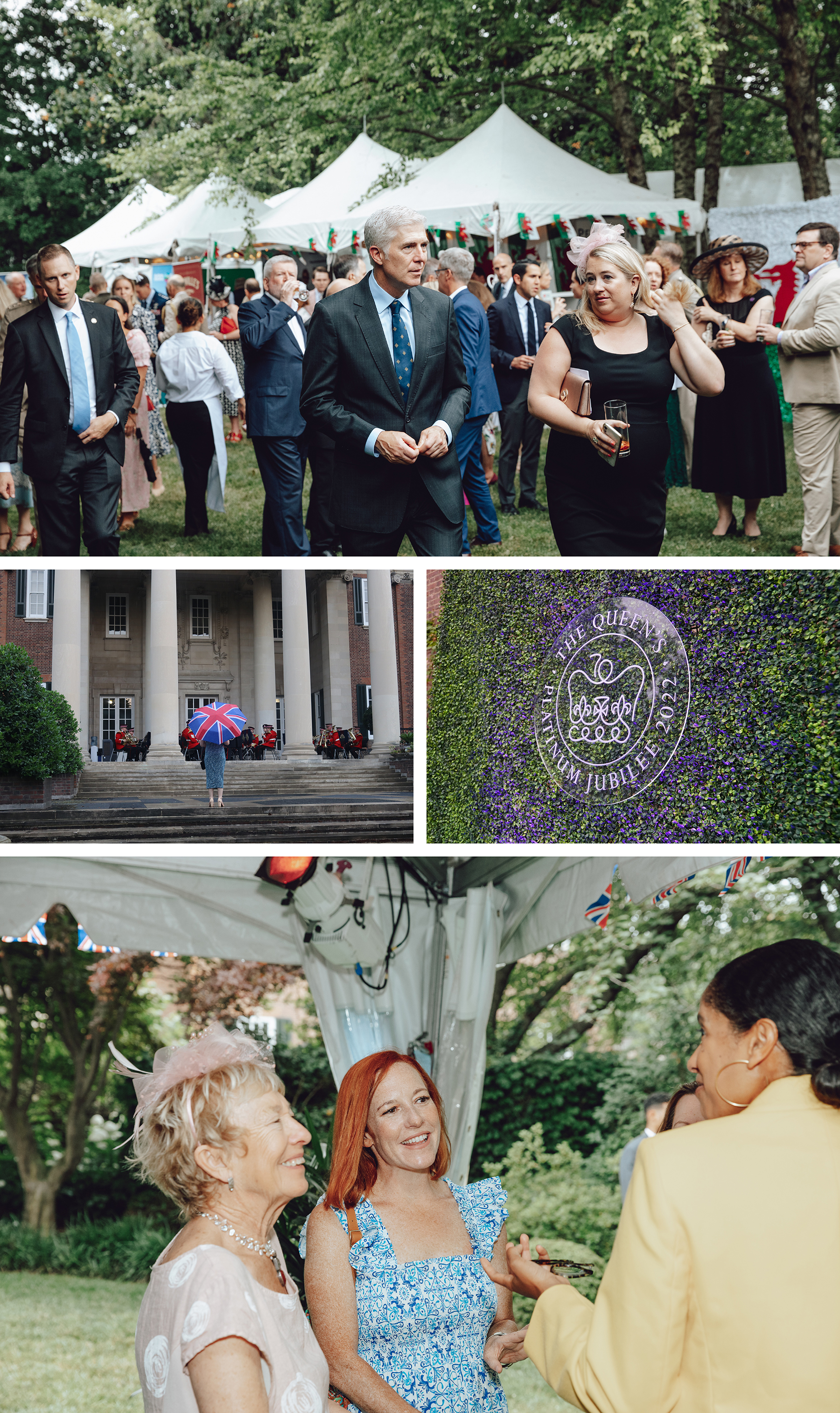 Attendees of the British Embassy's Platinum Jubilee included Supreme Court Justice Neil Gorsuch (top) and former White House press secretary Jen Psaki (bottom center).