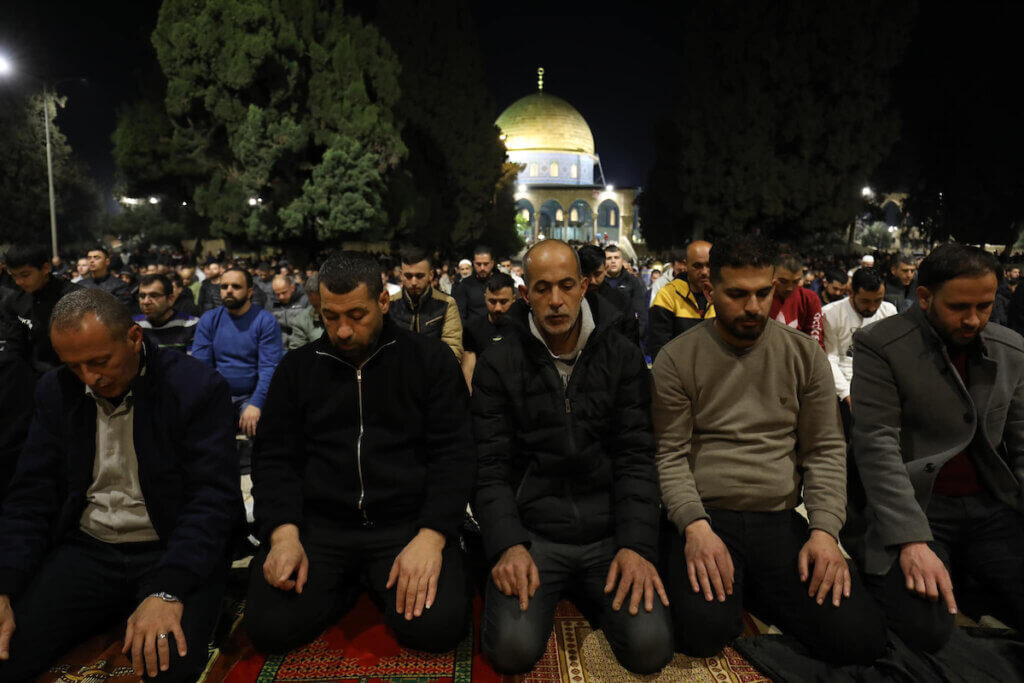 Palestinians offer Taraweeh prayers during the holy month of Ramadan at the al-Aqsa mosque compound in Jerusalem, April 3, 2023. (Photo: Department of Islamic Awqaf in Jerusalem/APA Images)