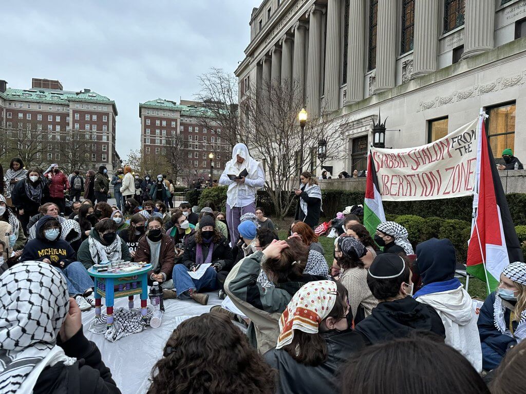Photo posted by Joseph A. Howley/@hashtagoras on Twitter with the tweet, "Shabbat Shalom from the Liberated Zone at Columbia University"